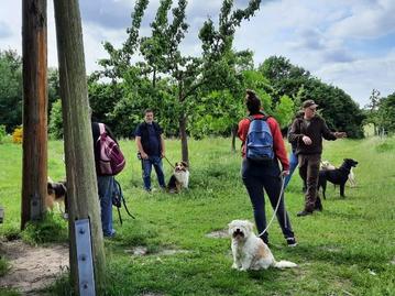 Mehrere Menschen mit Hund lauschen den Erklärungen eines Natur- und Landschaftsführers. Sie stehen auf einer Streuobstwiese neben einer Schutzhütte.
